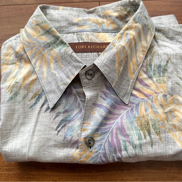 Tori Richard Button Down Hawaiian Shirt Mens Large Palm Leaf Print Gray - Picture 9 of 9